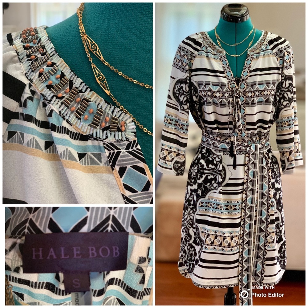 HALE BOB silky tie waste dress beaded neckline